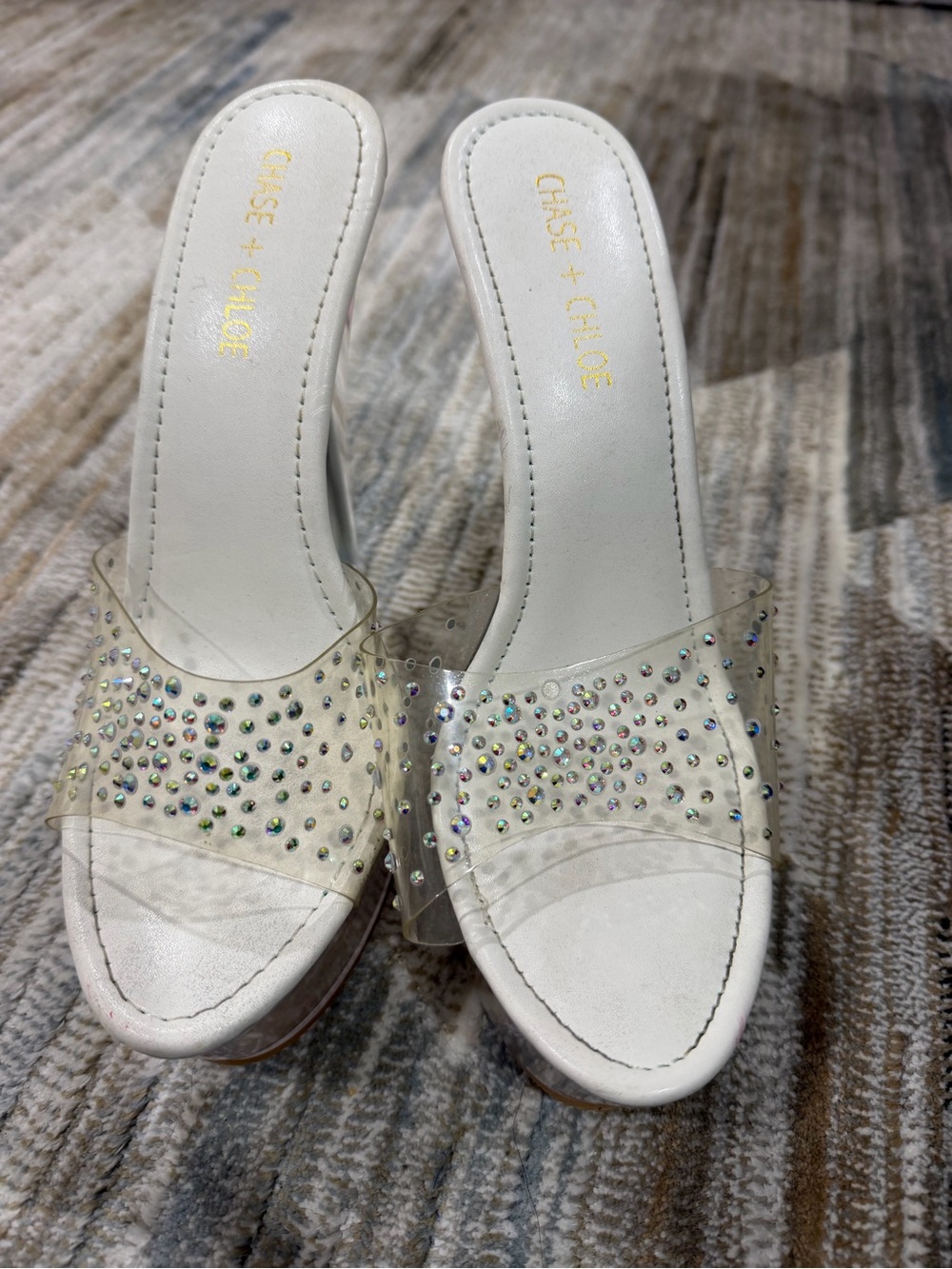 Chase + Chloe White Clear Rhinestone Slide Heels
